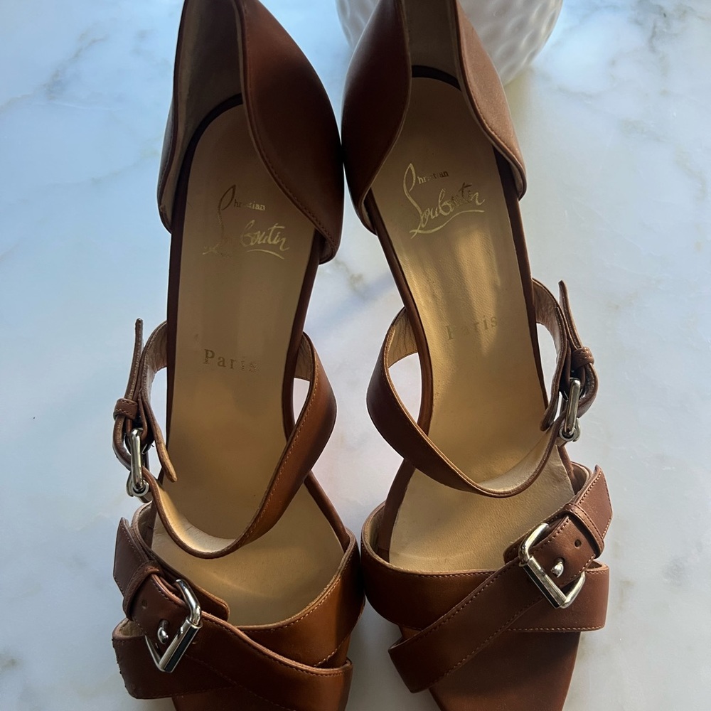 Christian Louboutin Tan Leather Heels with Buckle Detail